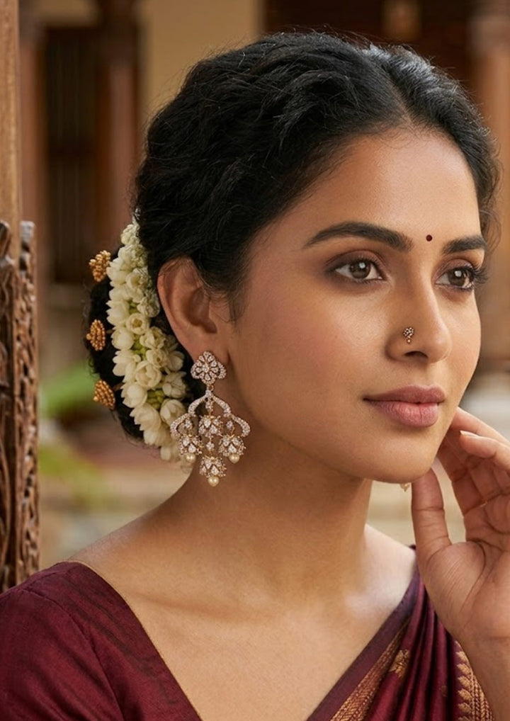 Pure Zirconian Diamond Gold Plated Chandbali Lightweight Earrings Model Pic