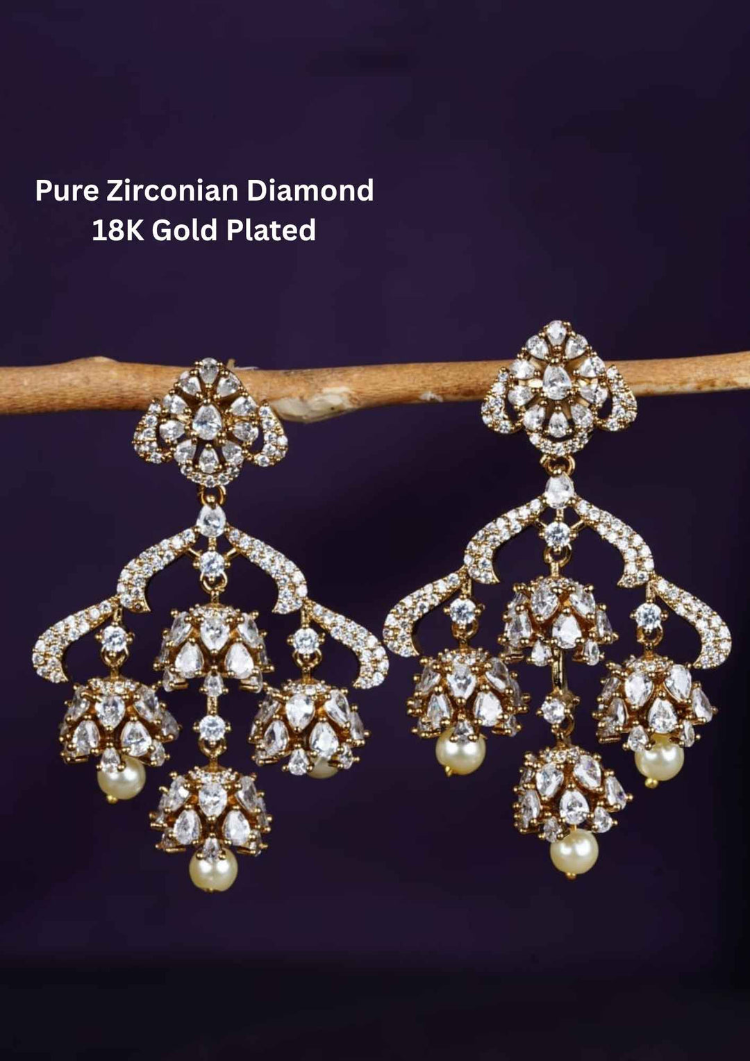 Pure Zirconian Diamond Gold Plated Chandelier Lightweight Earrings 