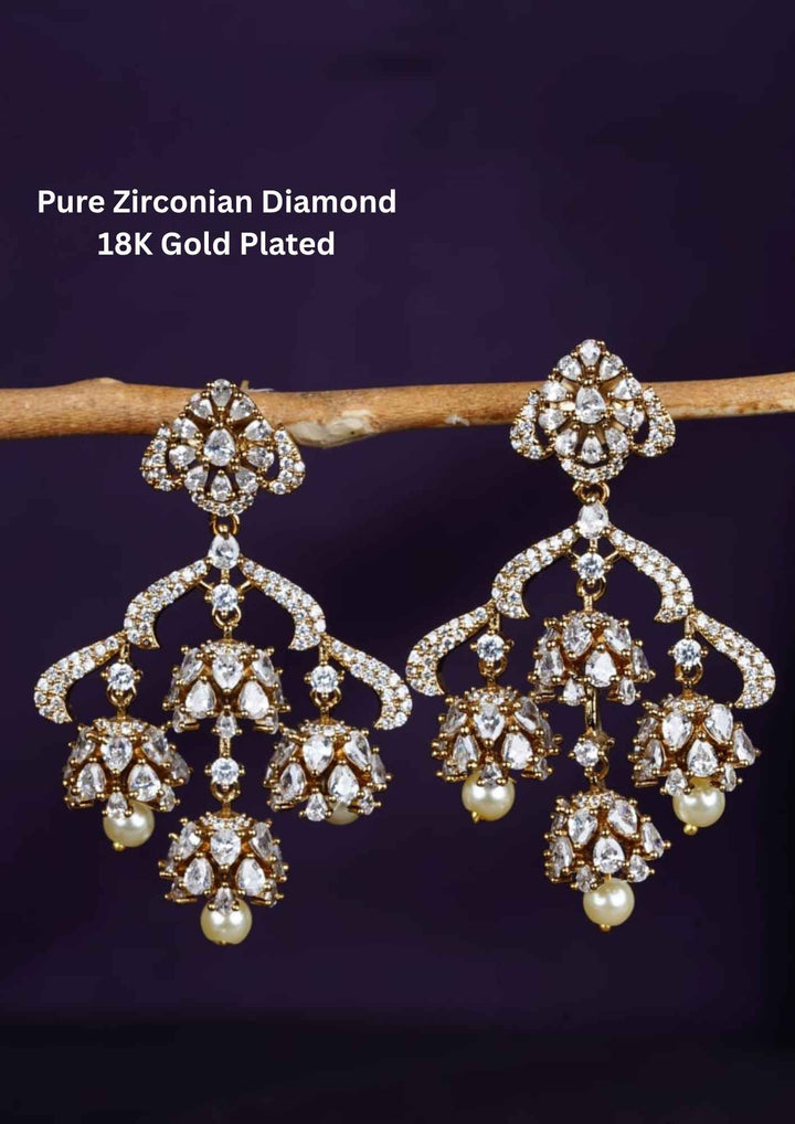 Pure Zirconian Diamond Gold Plated Chandelier Lightweight Earrings 