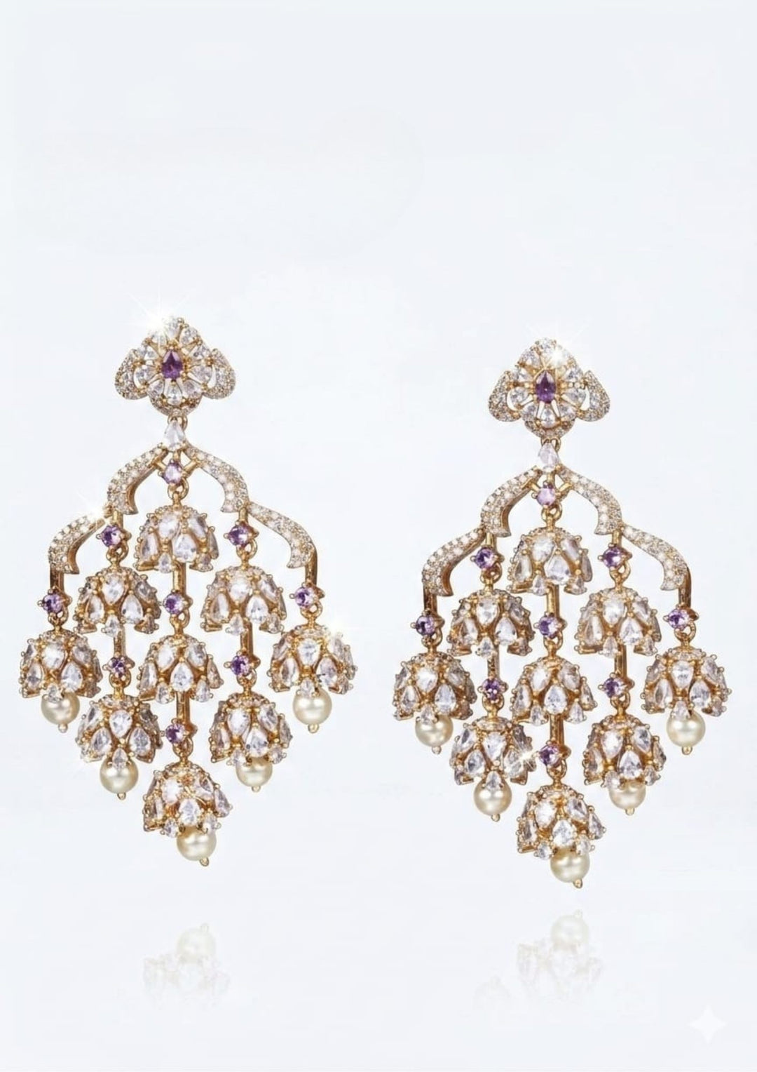 Pure Zirconian Diamond Gold Plated Chandelier Lightweight Earrings White Background
