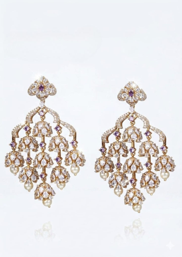 Pure Zirconian Diamond Gold Plated Chandelier Lightweight Earrings White Background