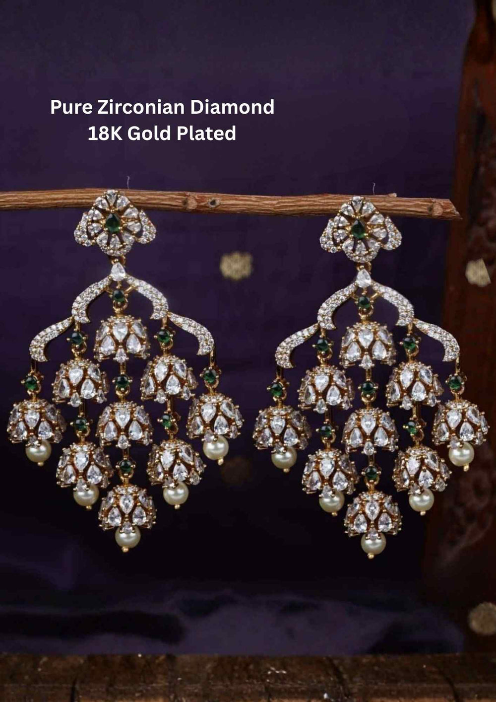 Pure Zirconian Diamond Gold Plated Chandelier Lightweight Earrings 