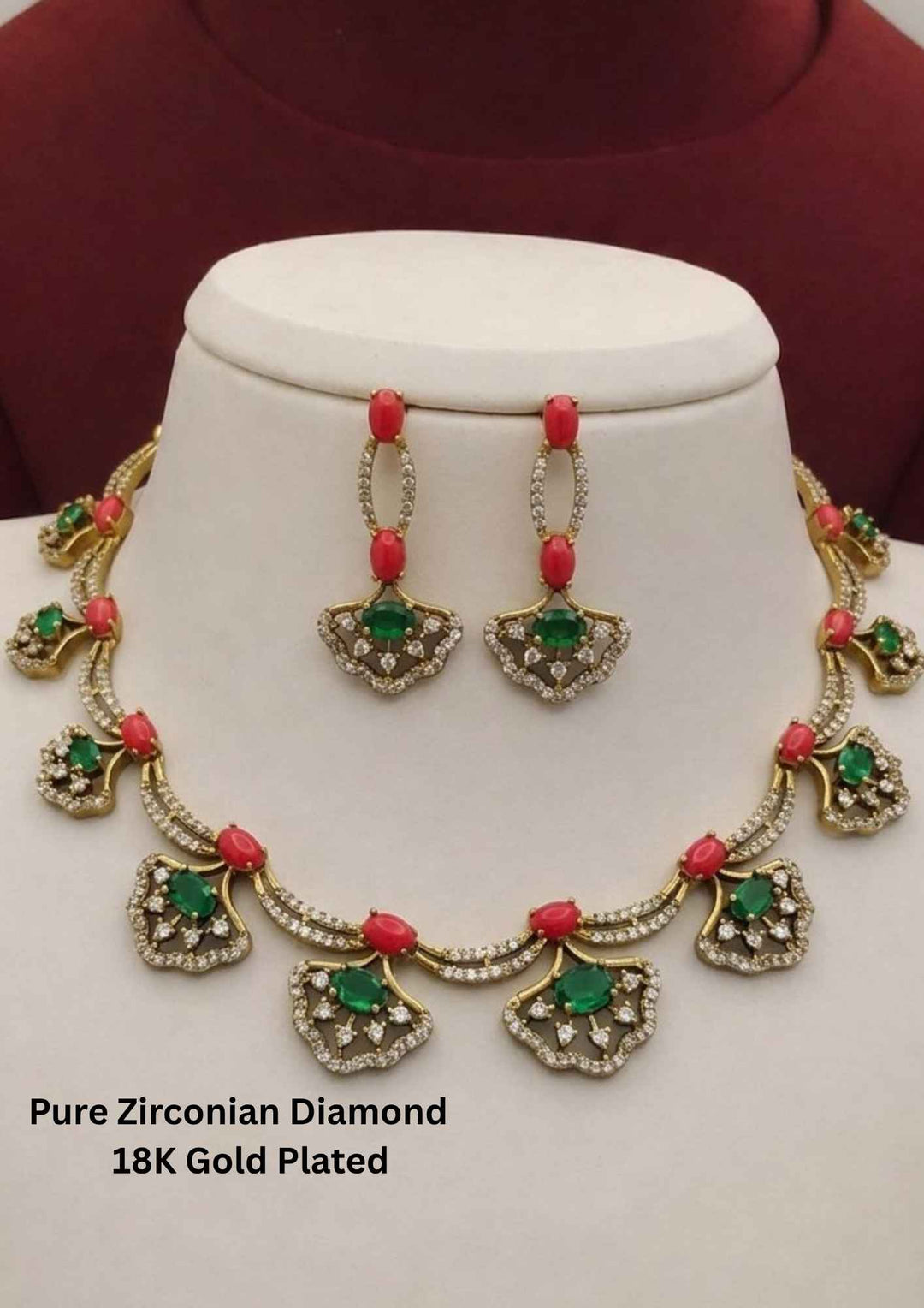 Pure Zirconian Diamond Gold Plated Coral Necklace with Earrings