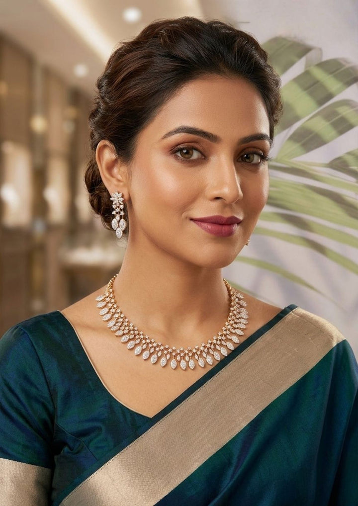 Pure Zirconian Diamond Gold Plated Floral Design Necklace with Earrings