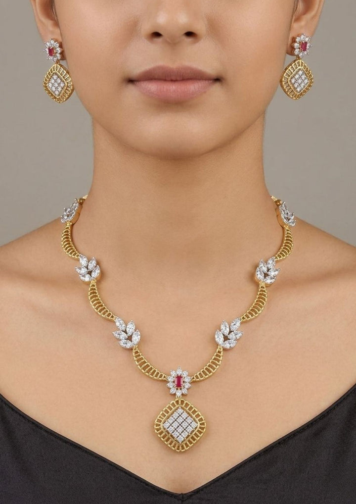  Gold Plated Floral  Leaf  Design Necklace with Earrings Ruby Diamond Perfect for Party wear 