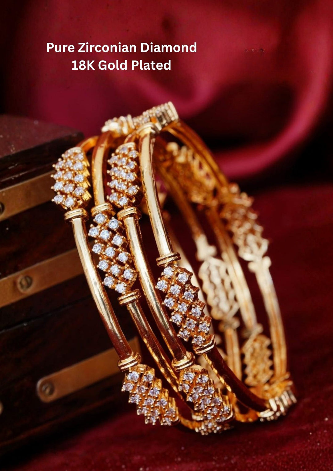 Pure Zirconian Diamond Gold Plated Floral Finish Bangles ( set of 4 ) 