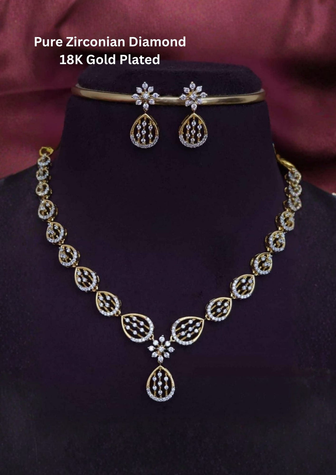 Pure Zirconian Diamond Gold Plated Floral Finish Necklace with Earrings