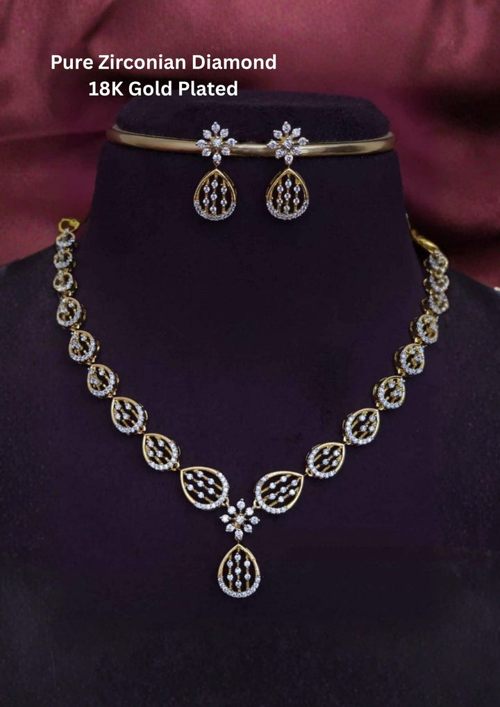 Pure Zirconian Diamond Gold Plated Floral Finish Necklace with Earrings