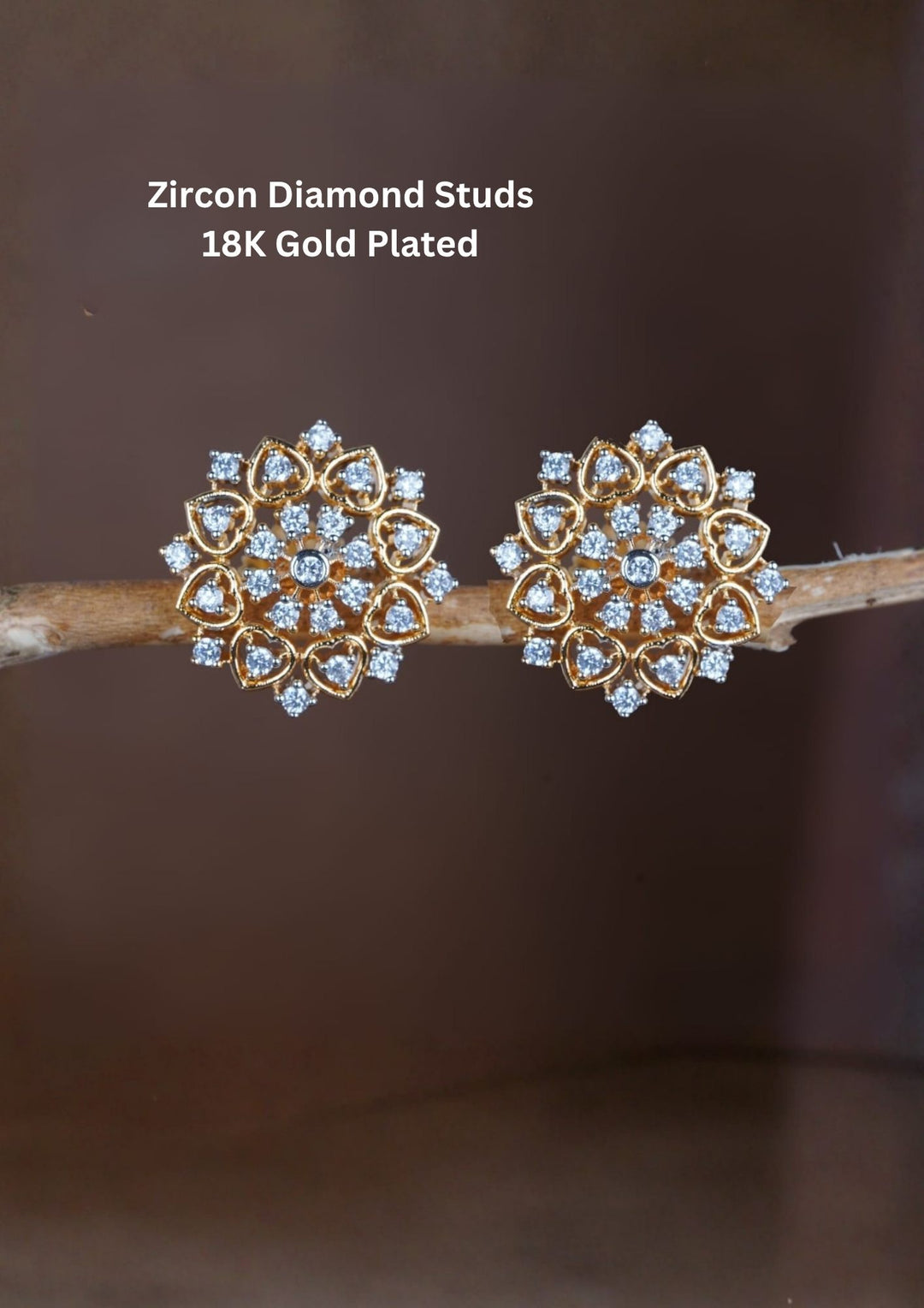Pure Zirconian Diamond Gold Plated Floral Heart Shape Studs 