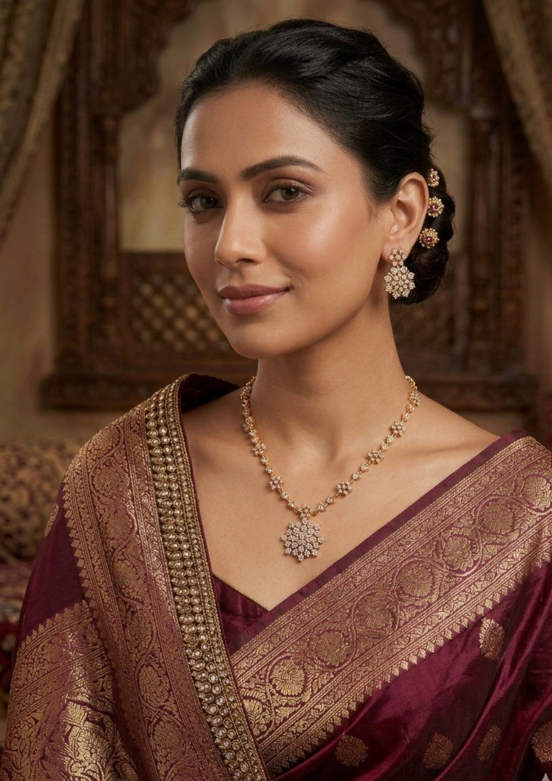 Indian women wearing zircon diamond gold plated flower station necklace set designed with shimmering white zircon blossom accents and matching stud earrings that give a graceful traditional and modern look for receptions, festive occasions, farewells, and party wear styling with lightweight comfortable use and COD available now.