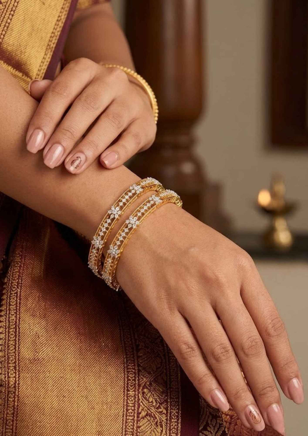 Pure Zirconian Diamond Gold Plated Flower Bangles (set of 2)