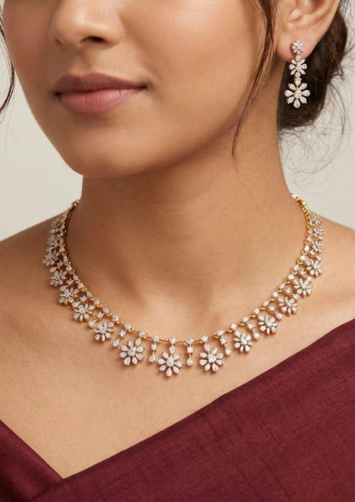 zircon diamond  Gold Plated Flower Model Necklace with Earrings Model Pic of women in saree 
