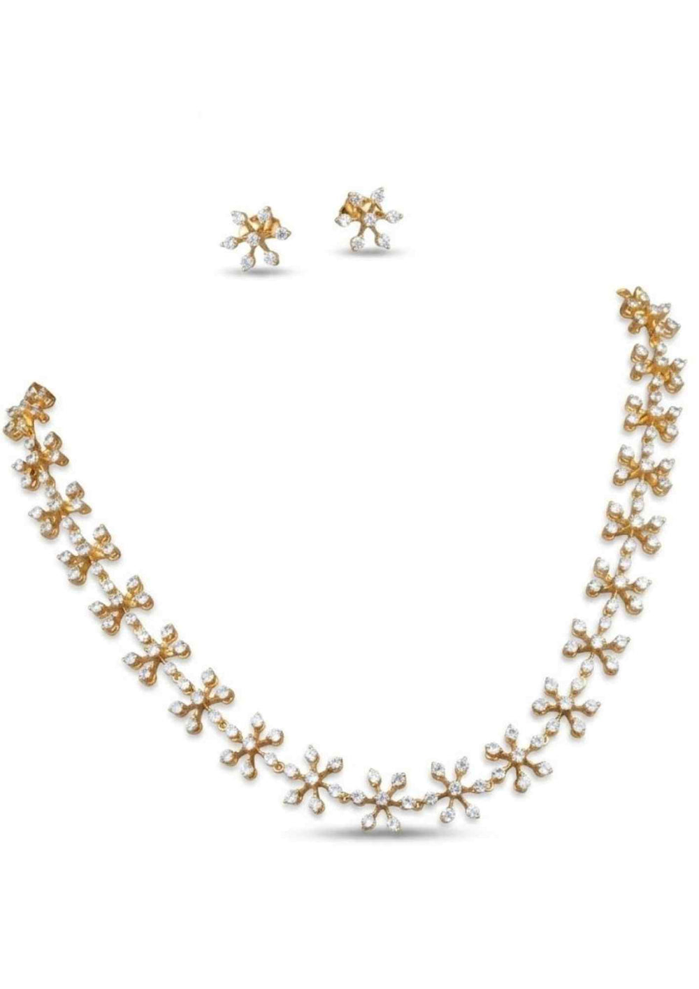 Pure Zirconian Diamond Gold Plated Flower Necklace With Earrings White Background 