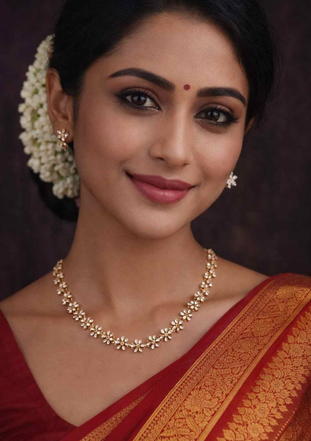 Pure Zirconian Diamond Gold Plated Flower Necklace With Earrings White Background  Model Pic