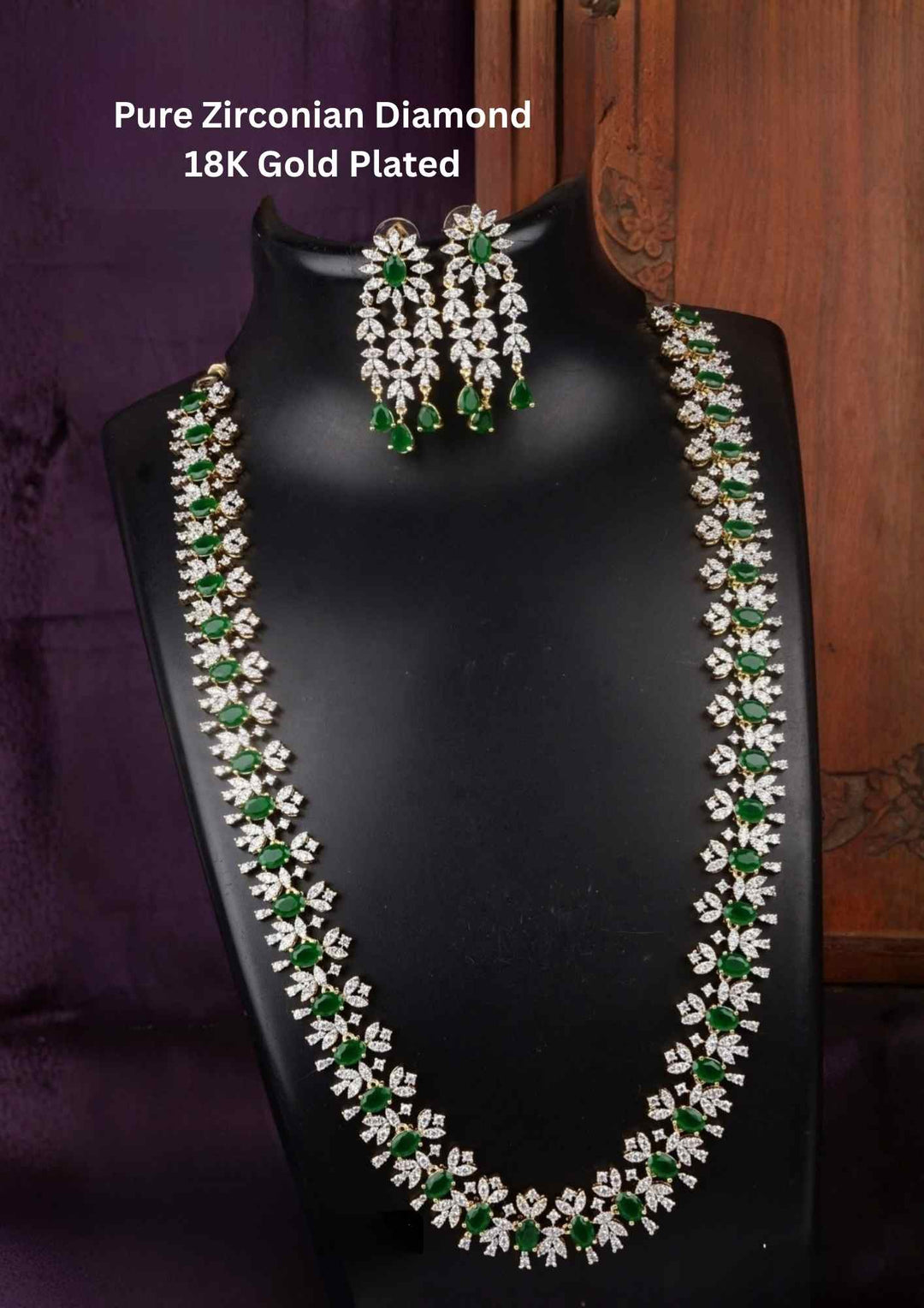 Pure Zirconian Diamond Gold Plated Green Haram (Necklace) With Earrings