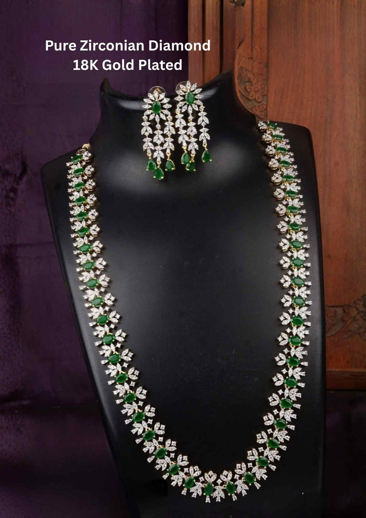 Pure Zirconian Diamond Gold Plated Green Haram (Necklace) With Earrings