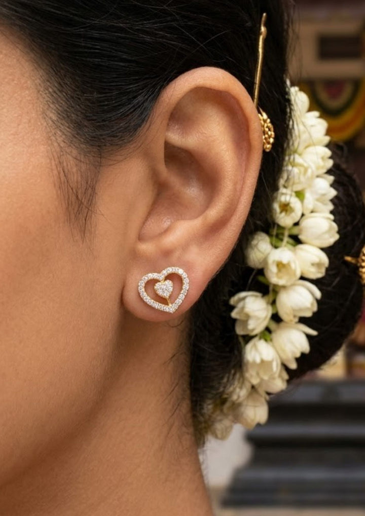 Pure Zirconian Diamond Gold Plated Heart Shape Studs Model Pic