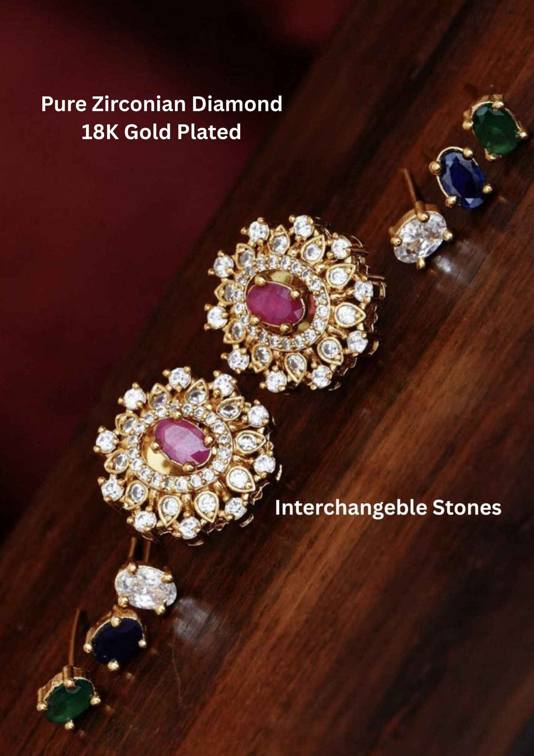 Pure Zirconian Diamond Gold Plated Interchangeable Stone Earrings 