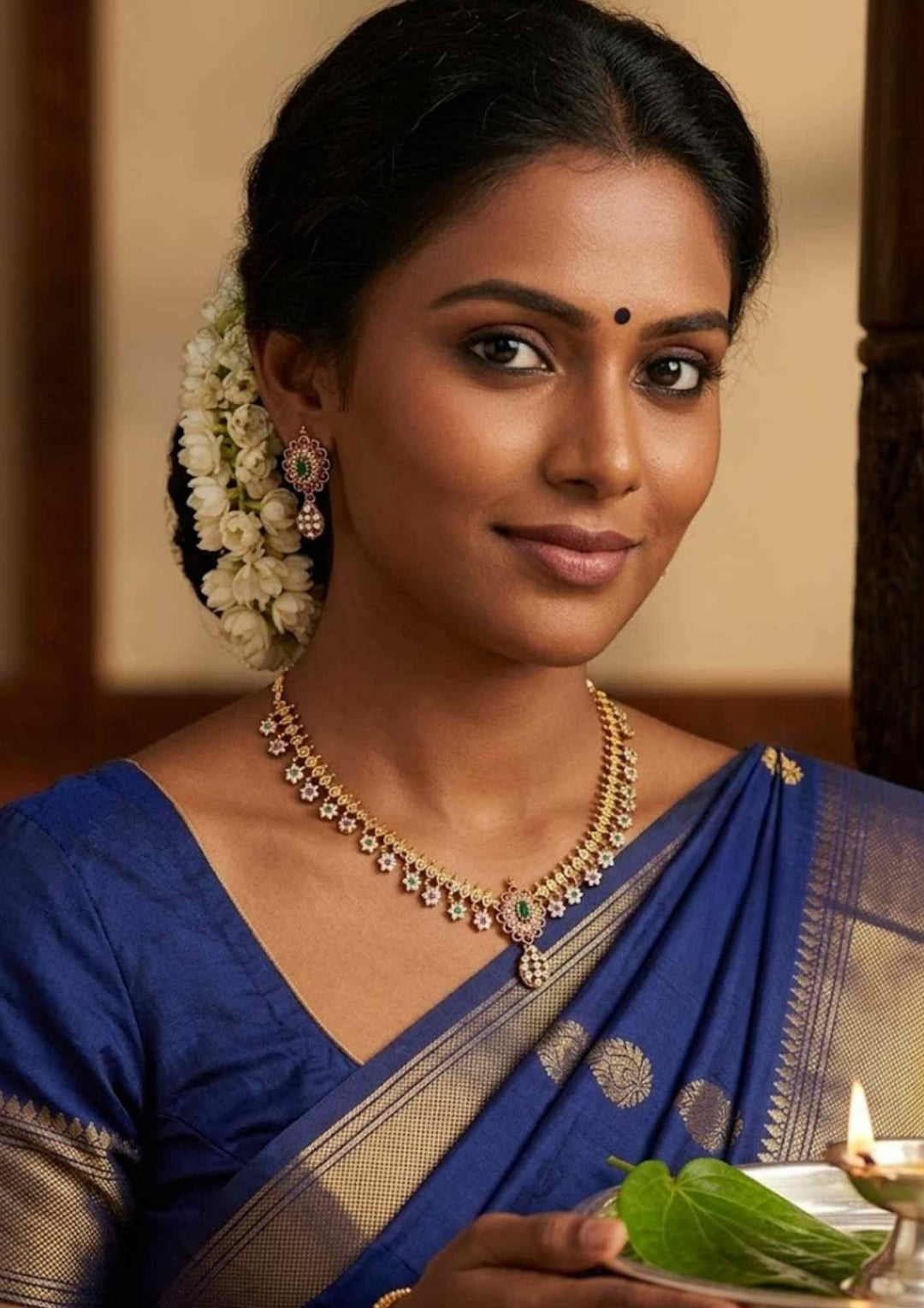 South Indian omen wearing of a pure Zirconian diamond 18k gold plated floral fringe choker set on a display stand showing the matching flower drop earrings that give a graceful traditional and modern look for party wear with COD.
