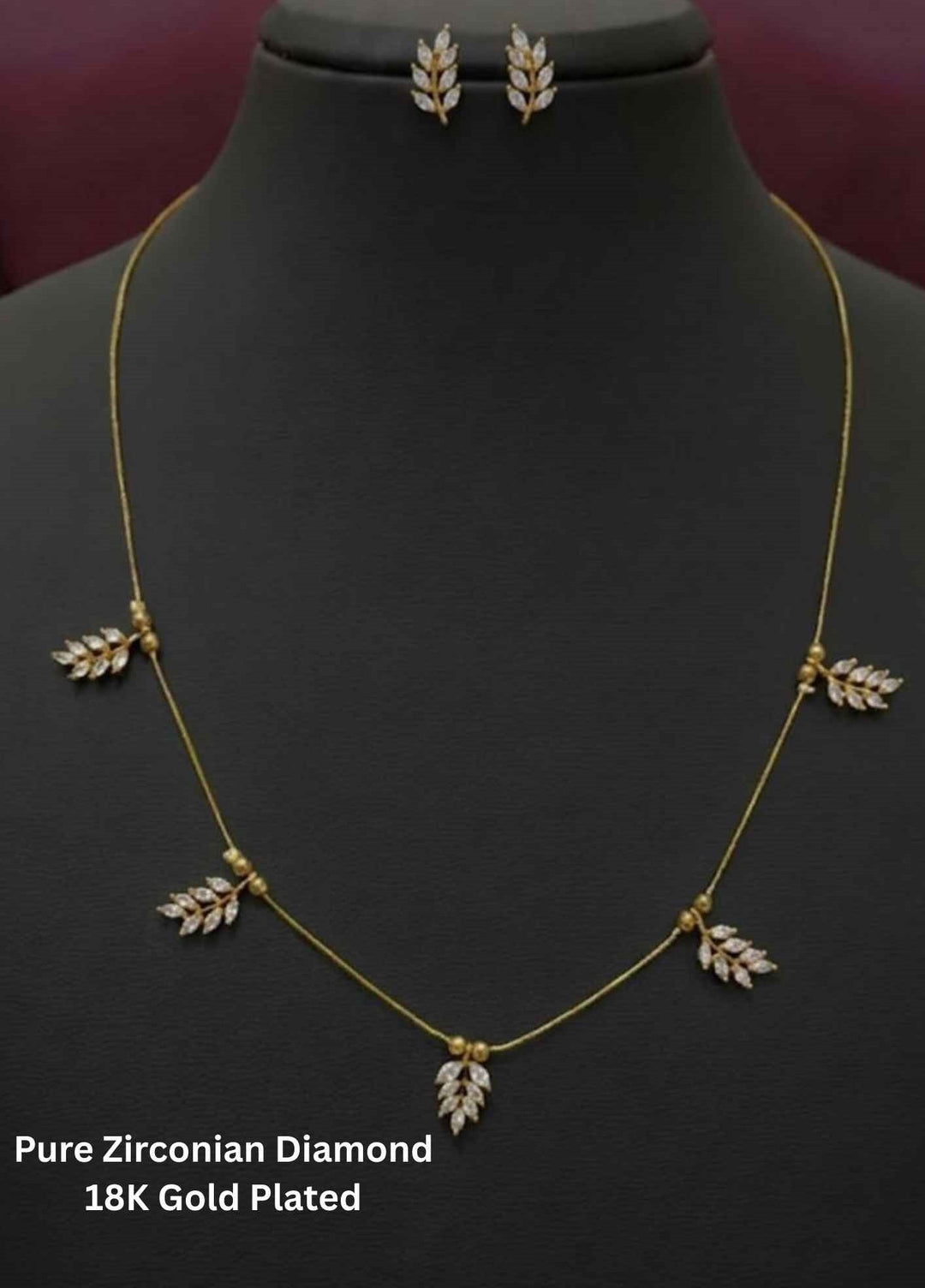 Pure Zirconian Diamond Gold Plated Leaf Model Necklace with Earrings