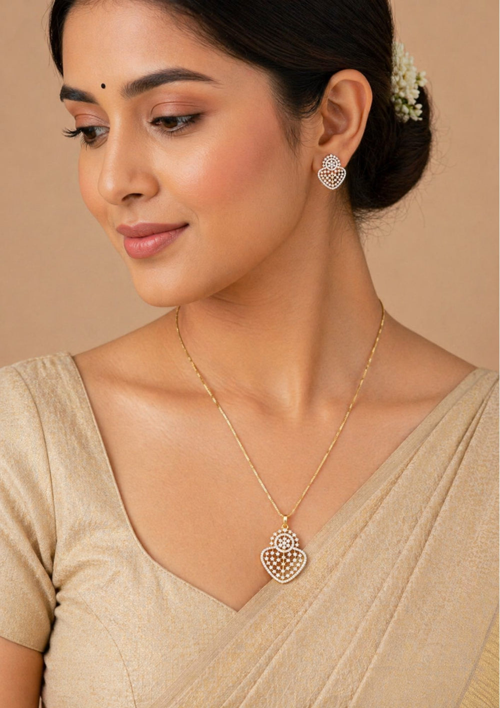 Pure Zirconian Diamond Gold Plated Long Chain with Studs Model Pic