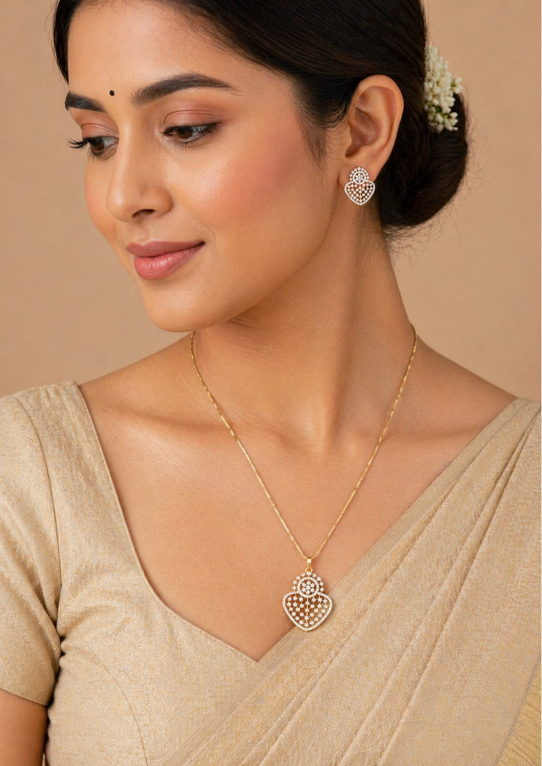 Pure Zirconian Diamond Gold Plated Long Chain with Studs Model Pic