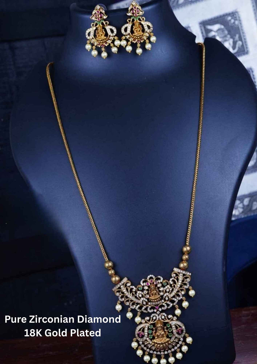Pure Zirconian Diamond Gold Plated Long Lakshmi Devi Temple Necklace With Earrings