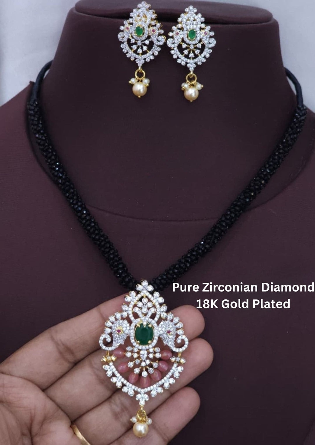 Pure Zirconian Diamond Gold Plated  Mangalsutra With Earrings