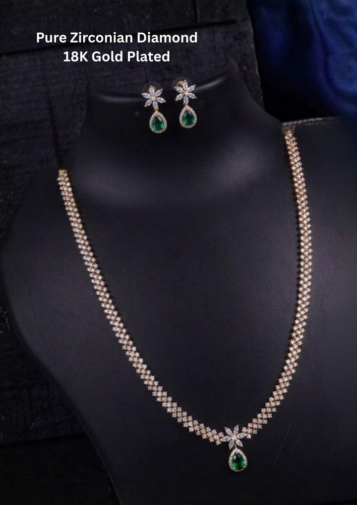 Pure Zirconian Diamond Gold Plated Necklace With Earrings Green Gemstone