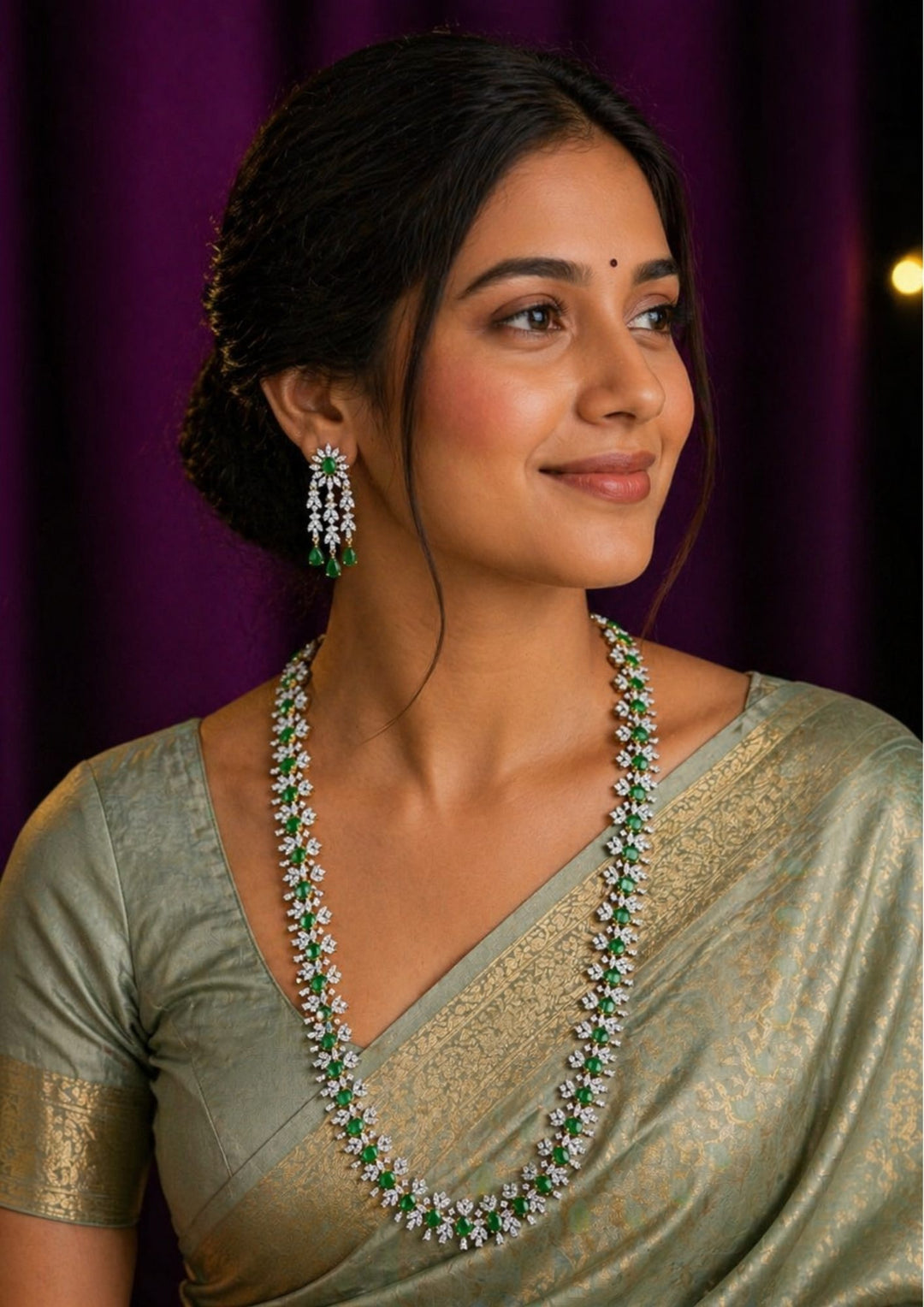 Pure Zirconian Diamond Gold Plated Necklace With Earrings Green Gemstone Model Pic