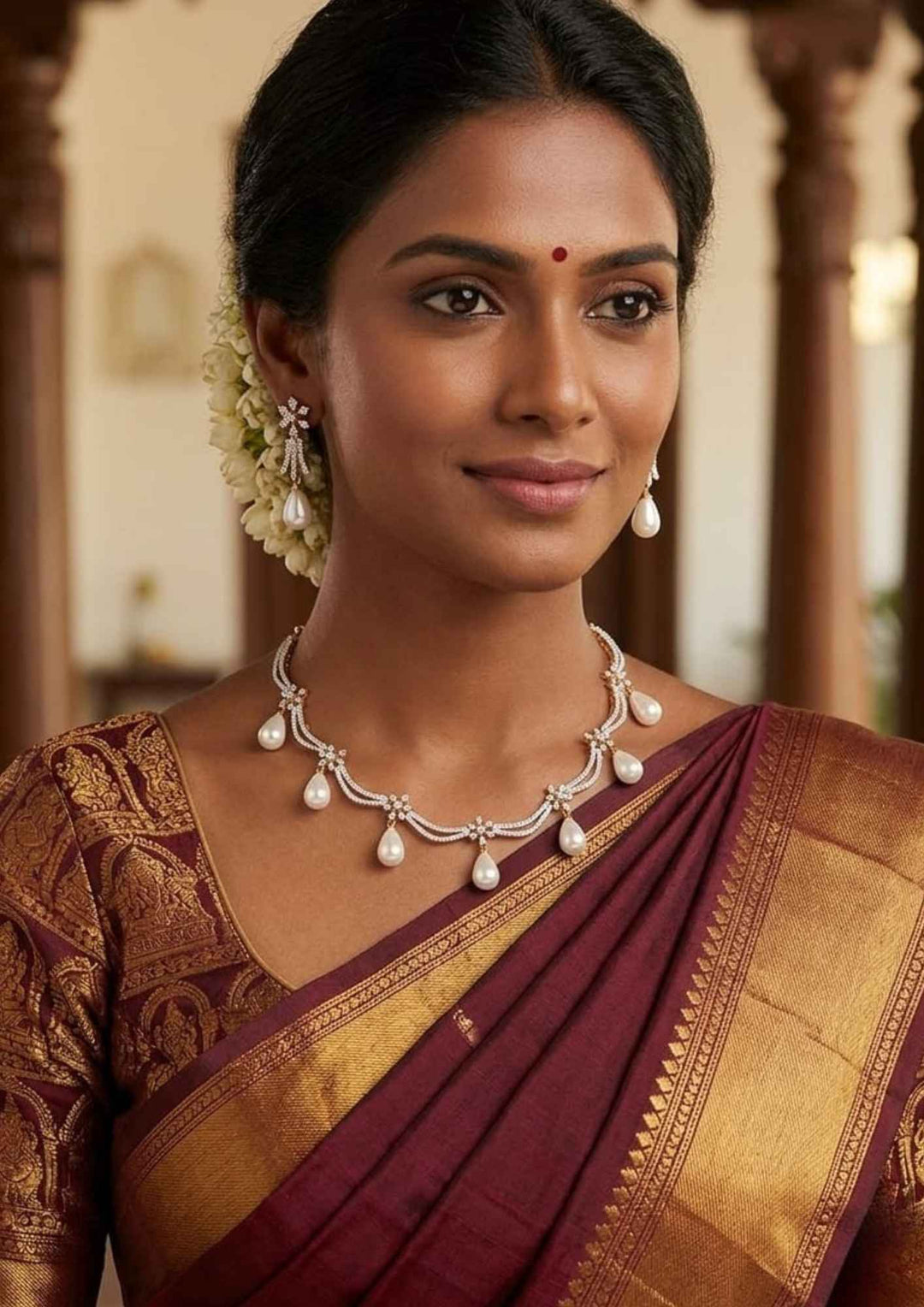 South Indian women wearing a pure Zirconian diamond 18k gold plated festoon pearl drop choker set showing the smooth teardrop pearl accents that give a graceful traditional and modern look for family events and celebrations with COD.