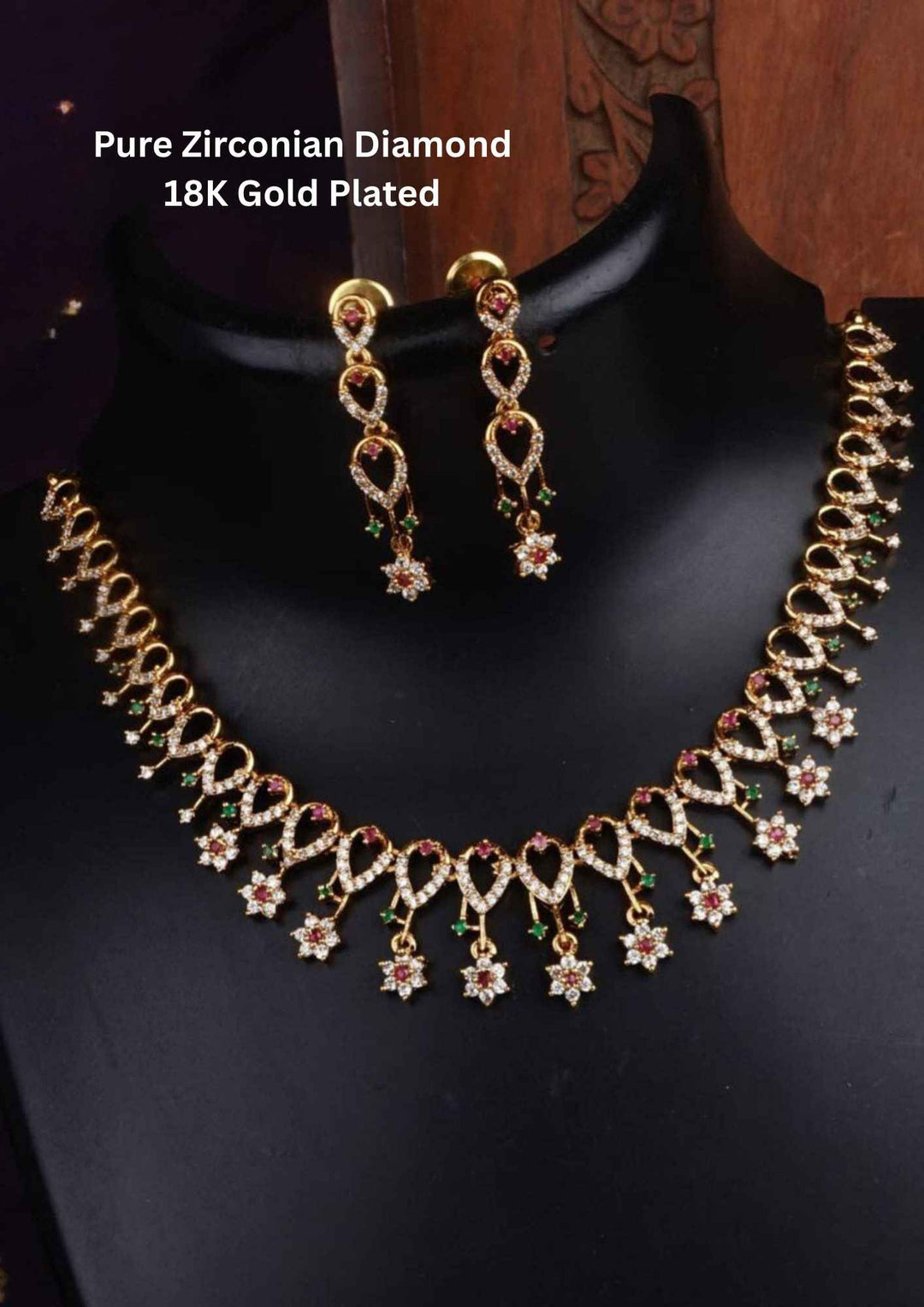 Pure Zirconian Diamond Gold Plated Necklace With Earrings multi colour gemstones