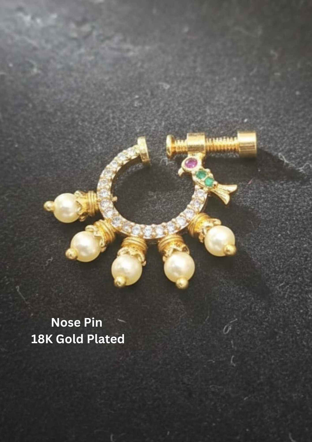 Pure Zirconian Diamond Gold Plated Pearl and Bird Design Nose pin 