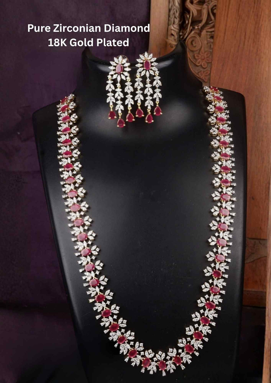 Pure Zirconian Diamond Gold Plated Red Haram (Necklace) With Earrings