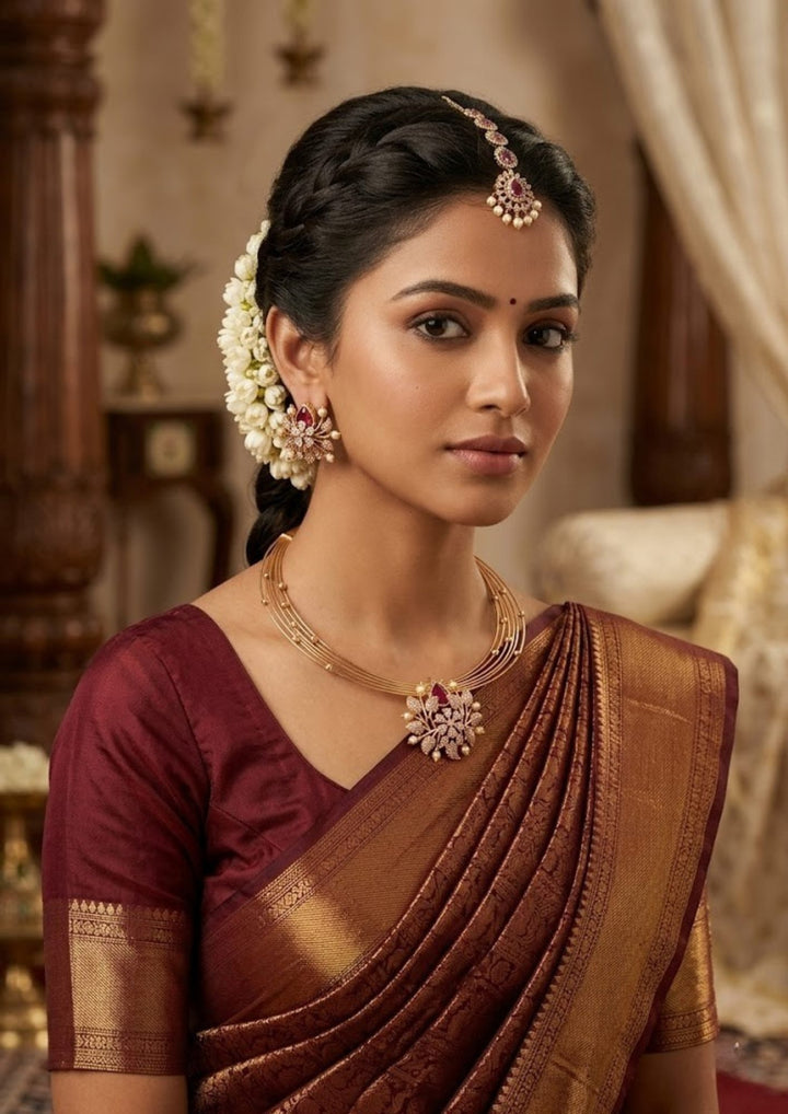 South indian women wearing a zircon diamond gold plated necklace with earrings designed with white pearls and leaf shaped gold beads. with red emerald stone in middle. This necklace set has a premium gold finish, is lightweight, and comfortable to wear. Suitable for daily use, pooja, weddings, festivals, functions, and family occasions. It is sweat-proof, anti-fade, skin-friendly, and easy to wear daily