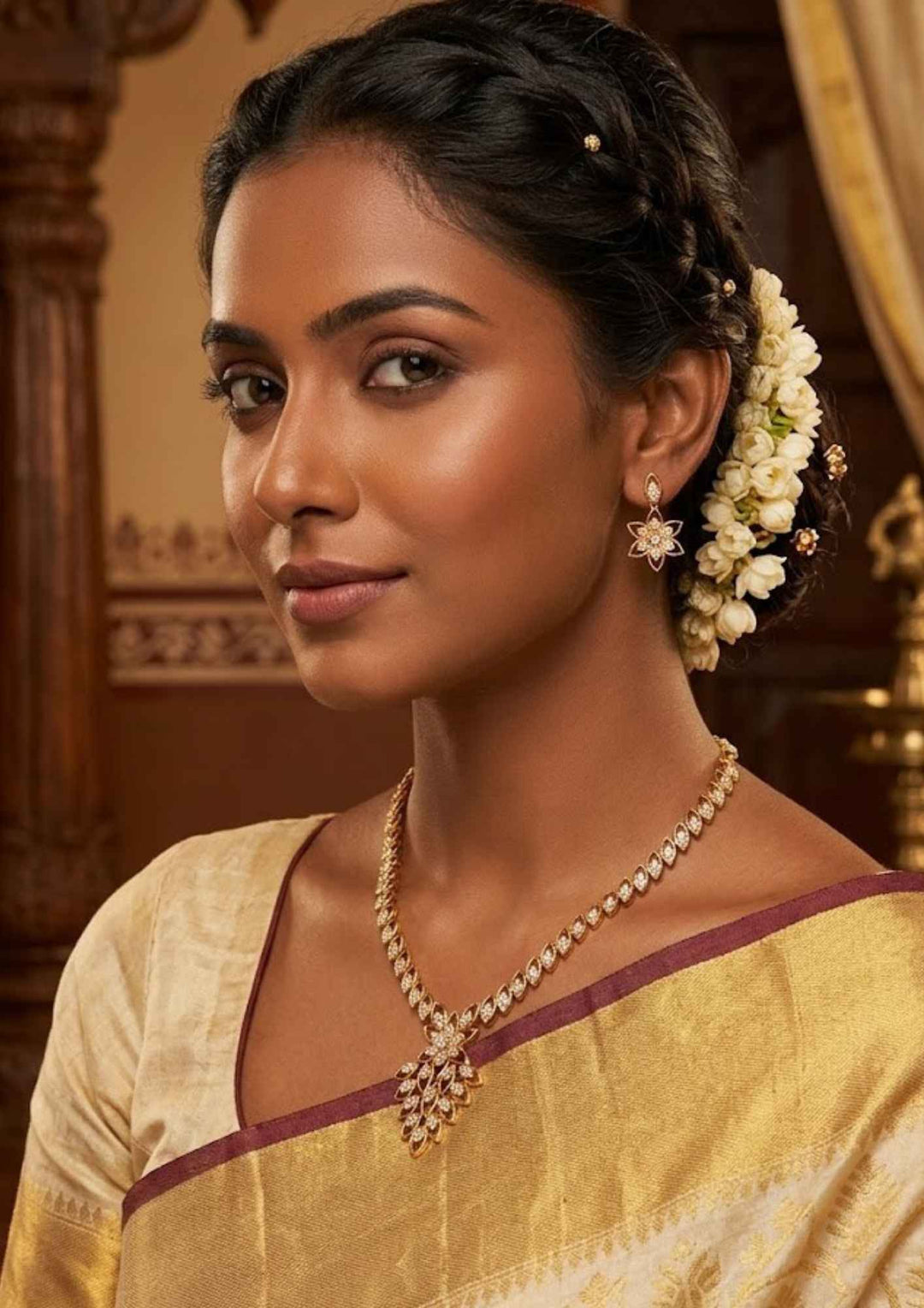 south indian women wearing a Zircon diamond gold-plated necklace and earrings with classic model and shown very detailed in picture how it looks and do use for weeding's , festivals and can gift and kitty party's 