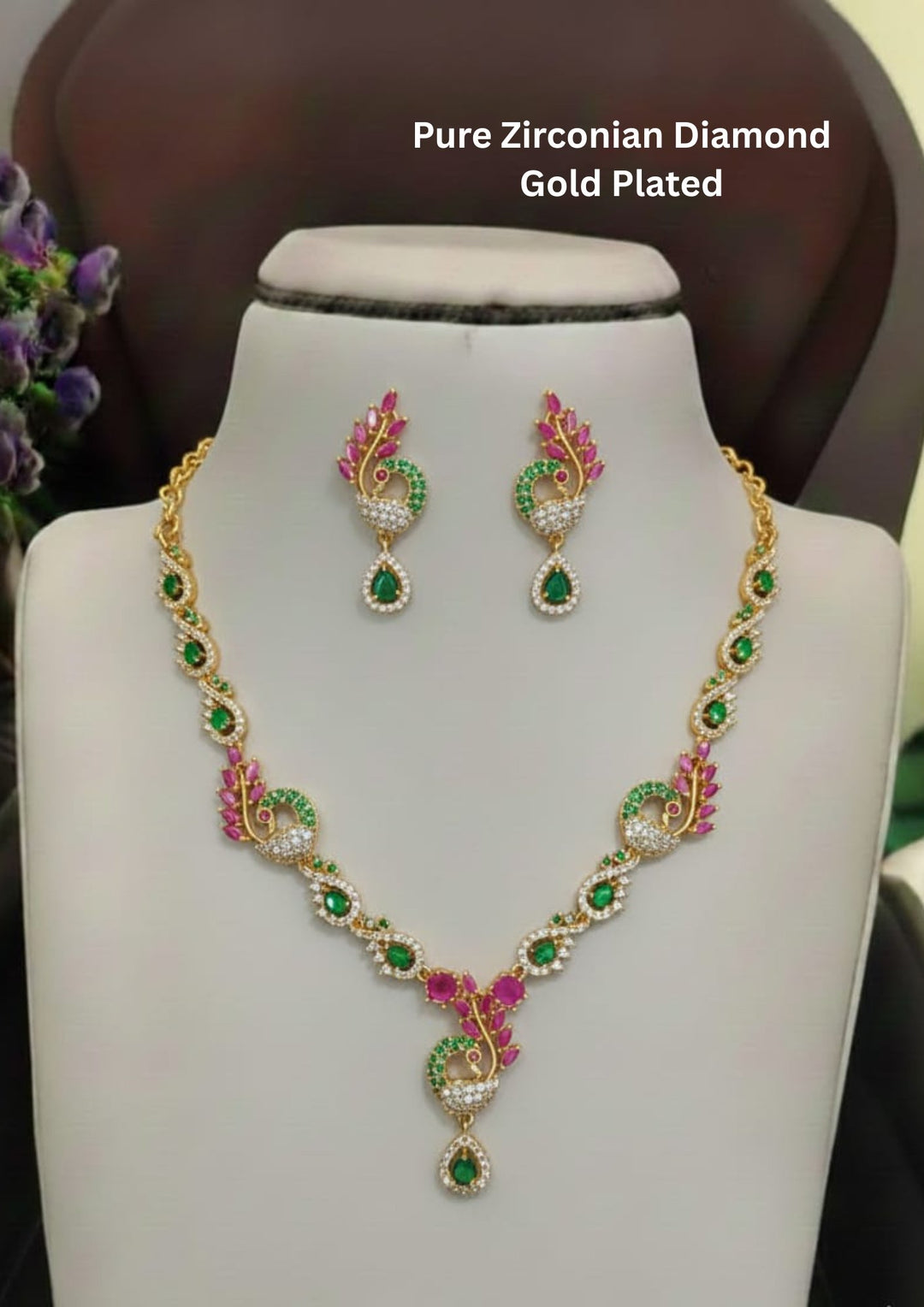 Pure Zirconian Diamond Peacock Necklace With Earrings