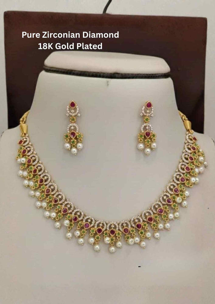 Pure Zirconian Diamond Pearl Drop Gold Plated Necklace With Earrings