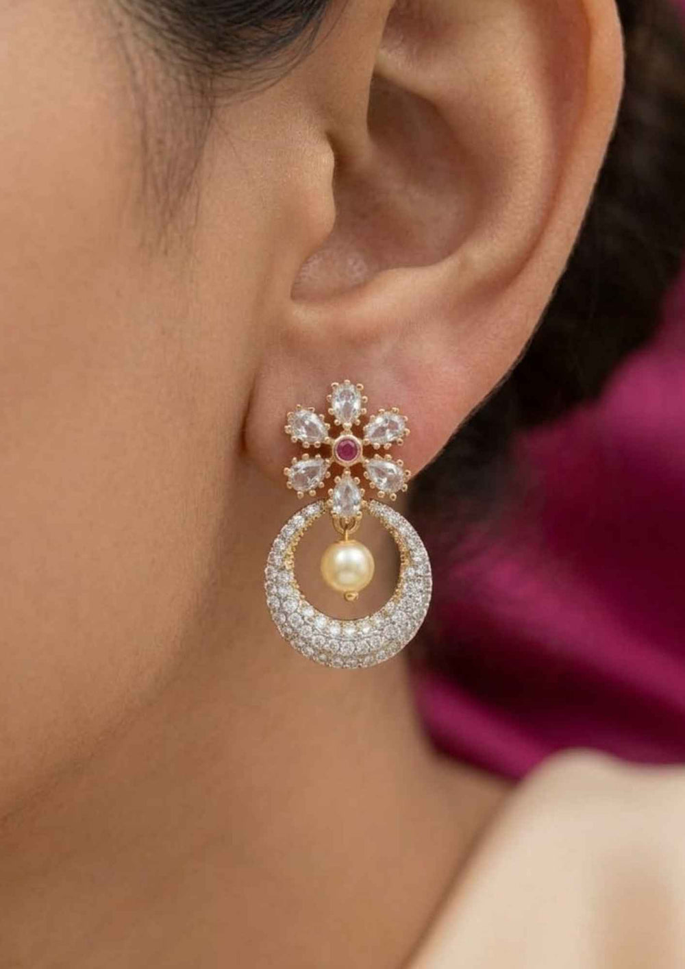 Pure Zirconian Diamond Pearl Drop Gold Plated Earrings 