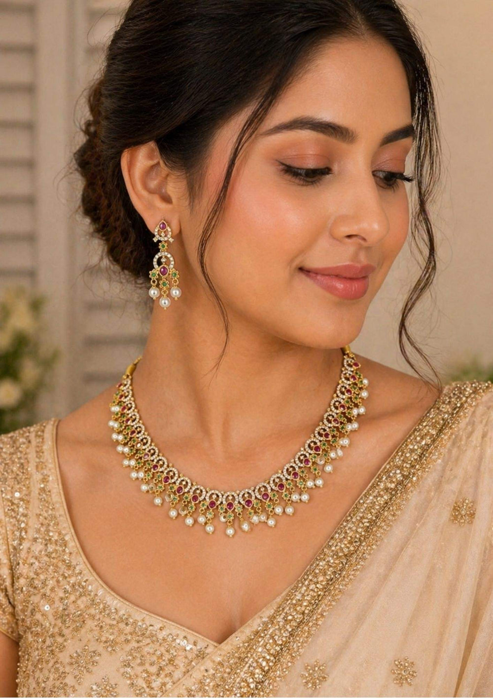 Pure Zirconian Diamond Pearl Drop Gold Plated Necklace With Earrings Model Pic