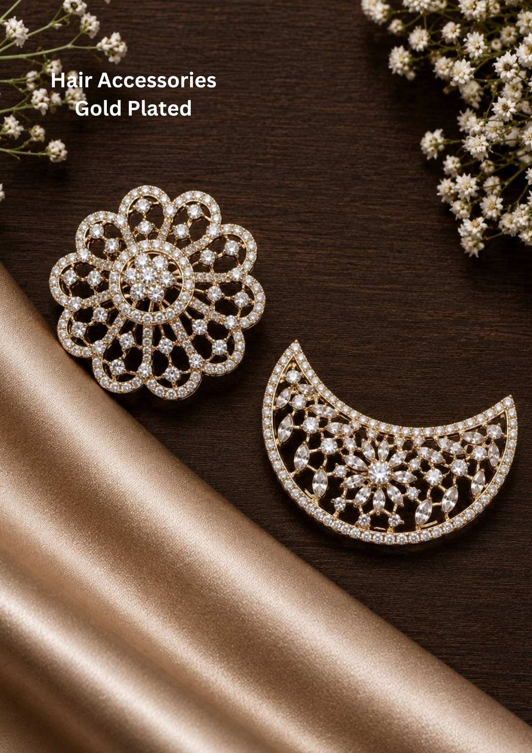 Gold-plated hair accessoriessun and moon designed with zircon diamonds perfect for bridal wear and its anti fade color