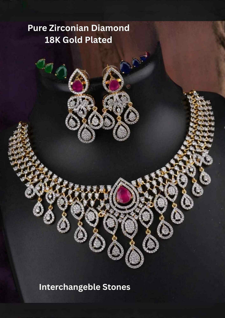 Pure Zirconian Gold Plated Diamond Interchangeable Stone Necklace With Earrings