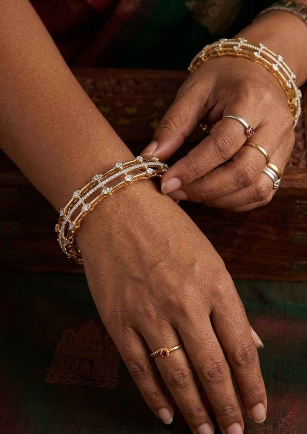 Pure Zirconium Diamond Gold Plated Double Layered Bangles (Set-2)