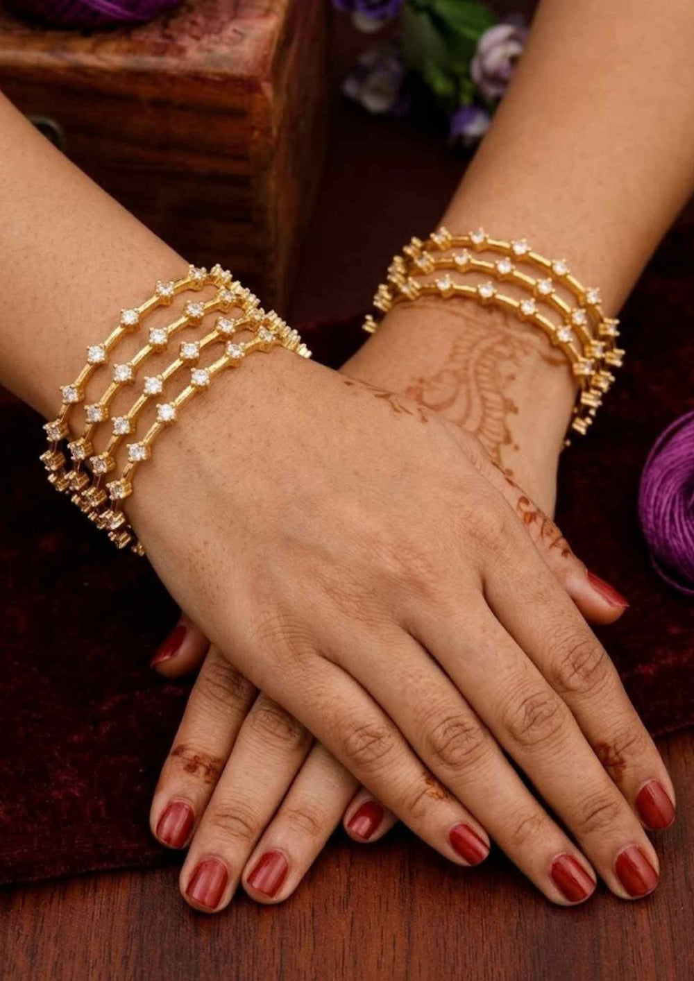 Pure Zirconium Diamond Gold Plated Floral Bangles (Set-4) 