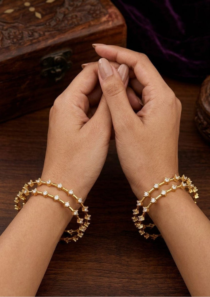 Pure Zirconium Diamond Gold Plated Floral Bangles (Set-4) Model Pic