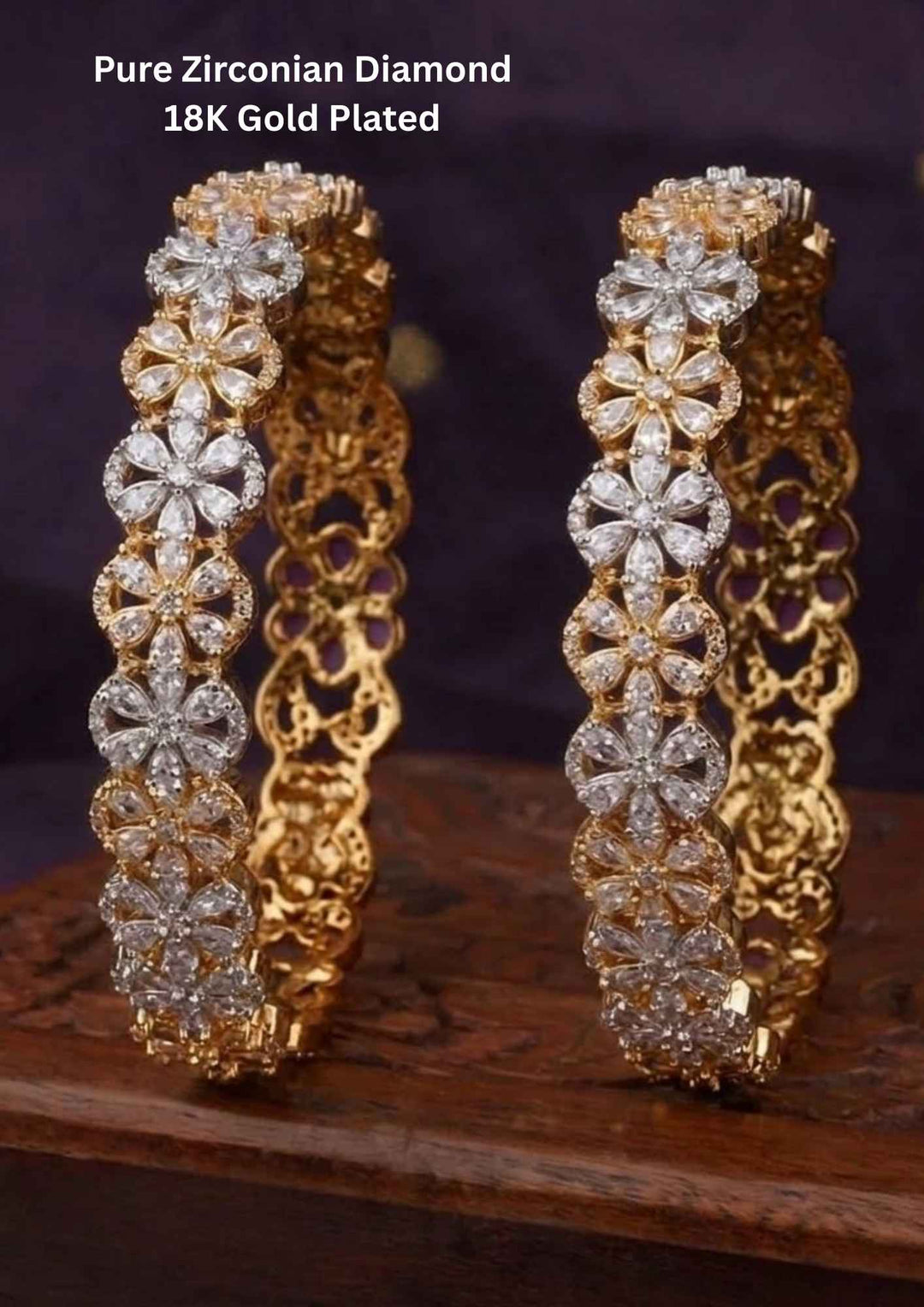 Pure Zirconium Diamond Gold Plated Flower Bangles (Set-2)