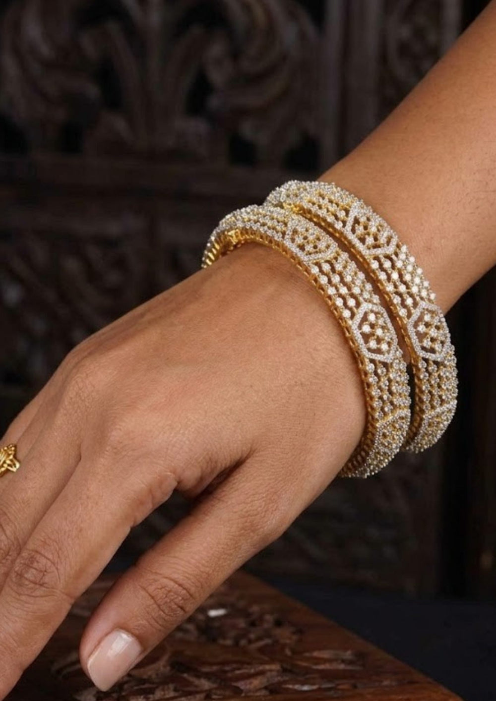 Pure Zirconium Diamond Gold Plated Openable Bangles Model Pic