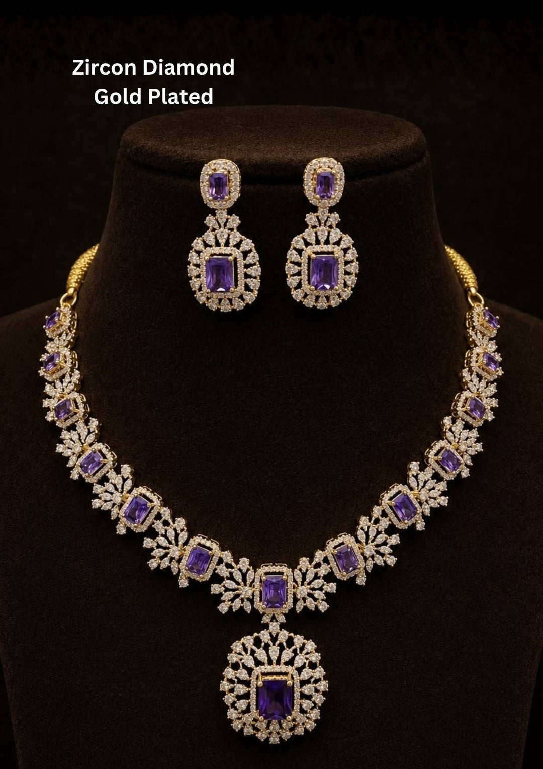 Beautiful necklace set crafted with brilliant purple zircon stones and sparkling diamond-like zircon detailing in a premium gold plated finish.
Includes matching statement earrings for a coordinated elegant look.
Perfect for weddings, receptions, parties, festive celebrations, and evening occasions.