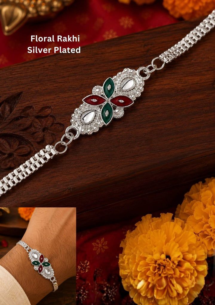Silver Plated Floral &amp; Leaf Pattern Rakhi