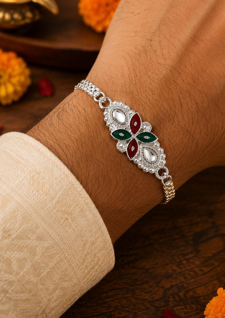 Silver Plated Floral &amp; Leaf Pattern Rakhi